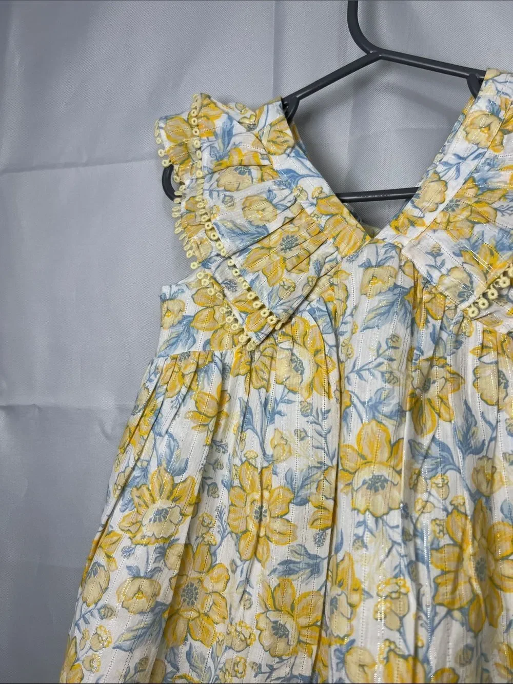 Sincerely Jules white yellow blue floral print ruffle dress with gold accents